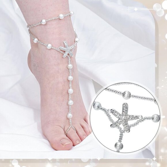 Barefoot Sandals Starfish Rhinestones Bead Chain Adjustable for Beach Parties - Picture 3 of 7